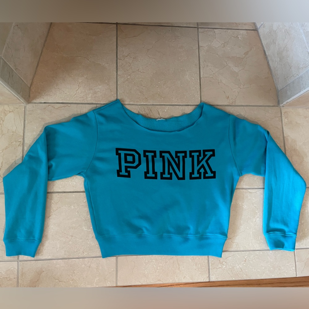PINK Victoria's Secret Turquoise Wide Neck Cropped Sweatshirt